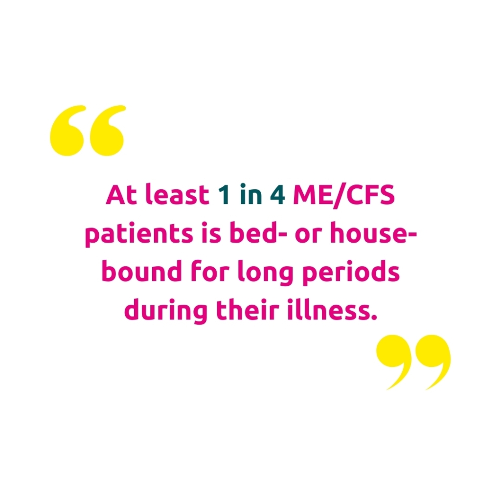 Quote marks with the statistic "At least 1 in 4 ME/CFS patients is bed- or house-bound for long periods during their illness."