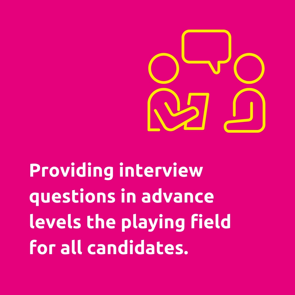 Pink background with a yellow graphic of two people in an interview. White text reads 'Providing interview questions in advance levels the playing field for all candidates..'