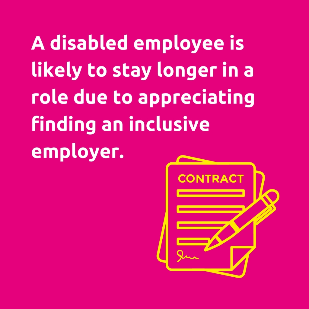 Pink background with a yellow graphic of a pen signing a paper contract. White text reads 'A disabled employee is likely to stay longer in a role due to appreciating finding an inclusive employer.'